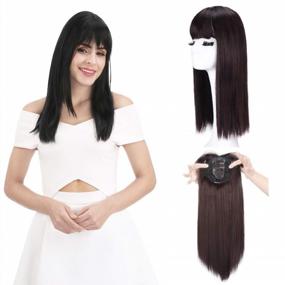 img 4 attached to 💇 REECHO 18" Synthetic Hair Topper Wiglet Hair Enhancer - Dark Brown: Straight Bangs, 3 Clips, Hair Extensions, Hair Closure Piece, Hairpieces for Women