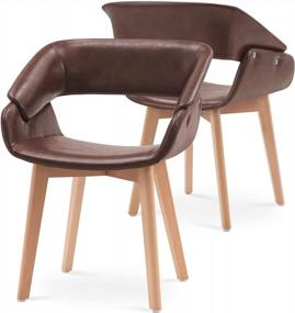 img 4 attached to Set Of 2 Mid-Century Modern Dining Chairs With Faux Leather Upholstery And Solid Wood Legs - Stylish Dark Brown Arm Chairs For Kitchen, Living Room, And Dining Room Décor