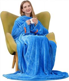 img 4 attached to Extra Large Cozy Wearable Blanket With Sleeves For Women Men, Warm TV Throw With Hook And Loop Fastener & Elastic Cuffs (Blue, 55.1" X 78.7")