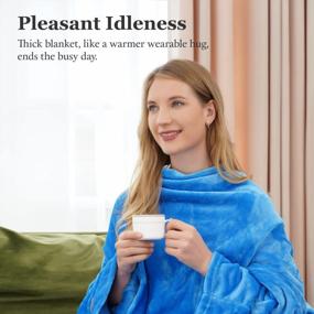img 2 attached to Extra Large Cozy Wearable Blanket With Sleeves For Women Men, Warm TV Throw With Hook And Loop Fastener & Elastic Cuffs (Blue, 55.1" X 78.7")