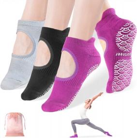 img 4 attached to Нескользящие носки для йоги Sportneer для женщин: 3 пары носков для станка, пилатеса и больниц с верхним отверстием для пальцев ног, изготовлены из хлопка