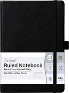 artfan ruled notebook/journal – premium thick paper faux leather classic writing notebook with pocket + page dividers gifts, banded, large, 144 pages, hardcover, lined (5.8 x 8.4) - black logo