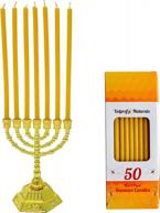 votprof small 7-branch gold menorah + 50 pure beeswax candles, 100% natural honey scent, dripless, smokeless, cotton wick - modern hanukkah menorah logo