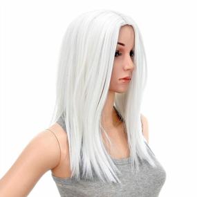 img 4 attached to Medium Length Synthetic Hair Wig - 14-Inch Short Straight White Wig With Middle Part And Heat Resistance, Ideal For Women - Includes Wig Cap By SWACC