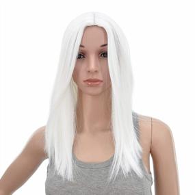img 2 attached to Medium Length Synthetic Hair Wig - 14-Inch Short Straight White Wig With Middle Part And Heat Resistance, Ideal For Women - Includes Wig Cap By SWACC