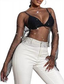 img 4 attached to Lrady Women'S Rhinestone Mesh Fishnet Bodycon Club Dress See Through Beach Swimwear Bikini Cover Up