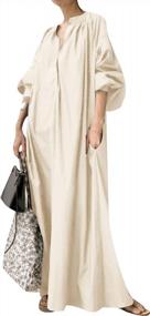 img 4 attached to Plus Size YMING Women'S Cotton & Linen Maxi Dress - V Neck, Lantern Sleeve, Loose Fit