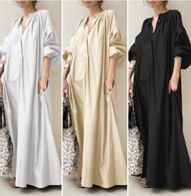 img 2 attached to Plus Size YMING Women'S Cotton & Linen Maxi Dress - V Neck, Lantern Sleeve, Loose Fit