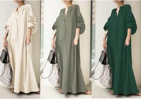 img 3 attached to Plus Size YMING Women'S Cotton & Linen Maxi Dress - V Neck, Lantern Sleeve, Loose Fit
