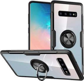 img 4 attached to Enhanced Protection for Galaxy S10 Plus: Crystal Clear Carbon Fiber Armor Case with 360° Rotation Finger Ring Grip & Kickstand [Compatible with Magnetic Car Mount]-Black Frame