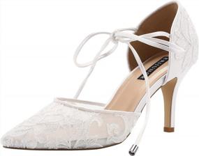 img 4 attached to Women'S Ivory Lace Mesh Satin Wedding Shoes - Comfortable Mid Heel Tie Up Ankle Strap Pointy Toe Pumps