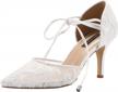 women's ivory lace mesh satin wedding shoes - comfortable mid heel tie up ankle strap pointy toe pumps logo