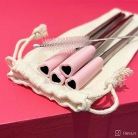 img 2 attached to 🌟 Premium Set of 4 Heart-Shaped Stainless Steel Reusable Straws with Silicone Tips - BPA-Free, Food Grade, Pink Metal Straws with Cleaner Brush