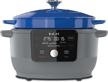 instant electric round dutch oven, 6-quart 1500w, from the makers of instant pot, 5-in-1: braise, slow cook, sear/sauté, cooking pan, food warmer, enameled cast iron, included receipe book, blue logo