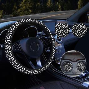 img 4 attached to Siyaluens Cute Steering Wheel Cover for Women with 2PCS Car Coasters - Fashional Universal Car Steering Wheel Cover for Girls, Ladies, and Men (Black Oval, 14.5-15 Inches)