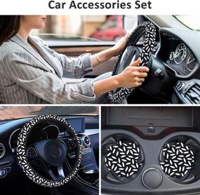 img 3 attached to Siyaluens Cute Steering Wheel Cover for Women with 2PCS Car Coasters - Fashional Universal Car Steering Wheel Cover for Girls, Ladies, and Men (Black Oval, 14.5-15 Inches)