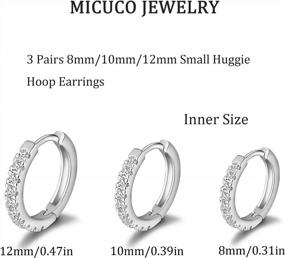 img 3 attached to 3 Pairs Small Hoop Earrings With Cubic Zirconia Cuff - White Gold Huggie 8Mm, 10Mm & 12Mm