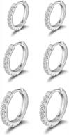 3 pairs small hoop earrings with cubic zirconia cuff - white gold huggie 8mm, 10mm & 12mm логотип