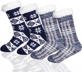 img 4 attached to LIBWYS 2 Pairs Men’S Fleece Lined Socks Cozy Winter Slipper Socks With Gripper (Blue)