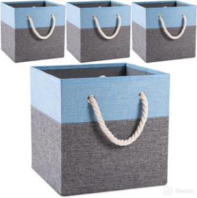 img 4 attached to 🔵 Set of 4 PRANDOM Large Foldable Cube Storage Bins, 13x13 inch, Fabric Linen Storage Baskets Cubes Drawer with Cotton Handles, Organizer for Shelves, Toys, Nursery, Closet, Bedroom - Blue