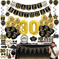 🎉 complete 76-pack black gold 30th birthday decorations for him: party banner, pennant, hanging swirls, balloons, tablecloths, cupcake toppers, crown, plates, photo props, birthday sash - perfect men's gifts! логотип