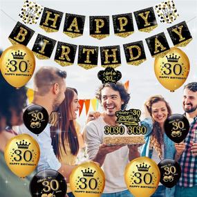 img 2 attached to 🎉 Complete 76-Pack Black Gold 30th Birthday Decorations for Him: Party Banner, Pennant, Hanging Swirls, Balloons, Tablecloths, Cupcake Toppers, Crown, Plates, Photo Props, Birthday Sash - Perfect Men's Gifts!