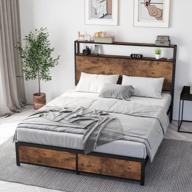 rustic brown queen bed frame with storage and steel slats support logo