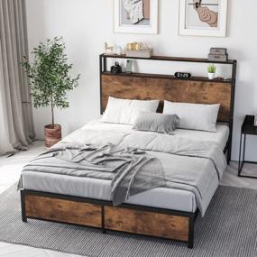 img 3 attached to Rustic Brown Queen Bed Frame With Storage And Steel Slats Support