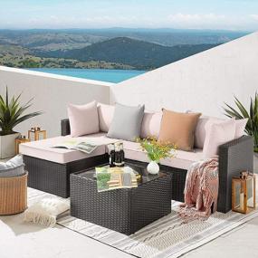 img 4 attached to 5 Piece Beige Waleaf Outdoor Sectional Sofa Set - All Weather Rattan Conversation Set With Glass Table & Cushions