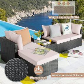 img 3 attached to 5 Piece Beige Waleaf Outdoor Sectional Sofa Set - All Weather Rattan Conversation Set With Glass Table & Cushions