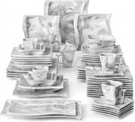 12-person 56-piece marble grey square dinnerware set - malacasa flora porcelain plates, bowls & cups logo
