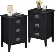 vintage style vecelo nightstands - set of 2 end tables with three drawers, solid wood legs for living room, bedroom and bedside decor - black logo