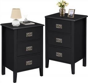 img 4 attached to Vintage Style VECELO Nightstands - Set Of 2 End Tables With Three Drawers, Solid Wood Legs For Living Room, Bedroom And Bedside Decor - Black
