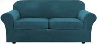 real velvet plush 3 piece stretch sofa covers couch covers for 2 cushion couch sofa slipcovers (base cover plus 2 large cushion covers) feature thick soft stay in place (large sofa, deep teal) logo