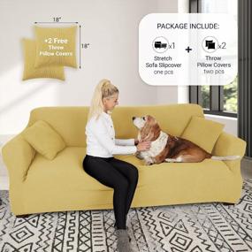 img 3 attached to Stretch Sofa Cover For 4-Seat Couch, X-Large Size, 1-Piece Design In Mustard Beige By JINAMART