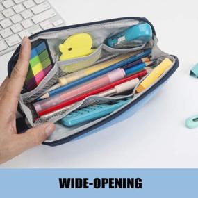 img 1 attached to Sooez Wide-Opening Pencil Pen Case, Lightweight & Spacious Pencil Pouch Zipper Stationery Bag, Aesthetic Supply With Triangular Design For Adults, Blue