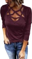 women's tunic shirt long sleeve v neck criss cross straps casual cute tops logo
