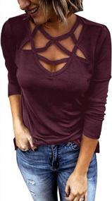 img 2 attached to Женская рубашка-туника с длинным рукавом и V-образным вырезом с перекрестными ремешками, повседневные милые топы