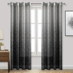 img 4 attached to Semi Sheer Ombre Damask Gradient Grommet Voile Curtain Panels - Black Faux Linen For Bedroom Living Room, 52 X 84 Inches Long (Set Of 2)