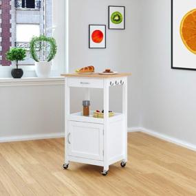 img 3 attached to Eco-Friendly Kitchen Island With Wheels, Pull-Out Drawer, Cabinet, Shelf, And Sturdy Natural Hardwood Surface In White Hue