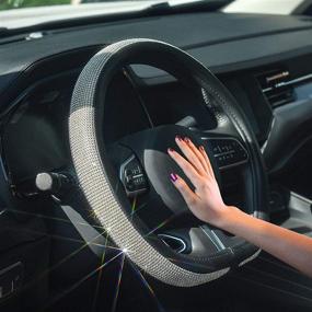 img 2 attached to 💎 ChuLian D Sharp Diamond Leather Steering Wheel Cover with Shimmering Crystal Rhinestones, Ideal Fit 15 Inch Car Wheel Protector for Women and Girls, Black