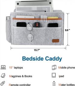 img 2 attached to Большой прикроватный органайзер для хранения Caddy, 15,7 ''x 9,8'', 8 карманов для ноутбука, журнала, дистанционного держателя - комната в общежитии или подарок для детей - светло-серый