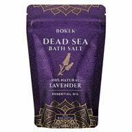 indulge in ultimate relaxation with bokek organic lavender bath salt - infused with dead sea salt and certified organic essential oil in a convenient 8 ounce resealable pouch logo