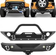oedro front and rear bumper compatible for 07-18 jeep wrangler jk & unlimited w/ winch plate mounting & d-rings & square led lights & 2" hitch receiver , textured black off road star guardian design logo