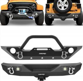 img 4 attached to OEDRO Front And Rear Bumper Compatible For 07-18 Jeep Wrangler JK & Unlimited W/ Winch Plate Mounting & D-Rings & Square LED Lights & 2" Hitch Receiver , Textured Black Off Road Star Guardian Design
