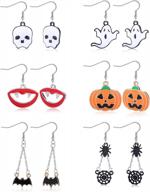 sllaiss 6 pairs lightweight halloween earrings for women black spider web white ghost skull earrings pumpkin vampire lips bat dangle earrings set halloween costumes jewelry party supplies logo