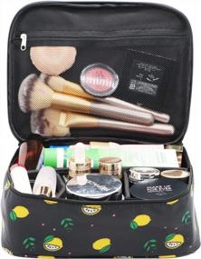 img 3 attached to Portable Travel Makeup Bag Organizer W/ Dividers - Large Storage For Women & Girls (Black Lemon)