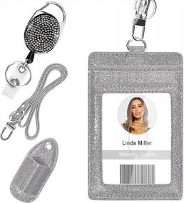 img 4 attached to Retractable ID Badge Holder, Multipurpose Bling Rhinestone Badge Reel With Belt Clip , Shiny PU Leather Badge Holder With Lanyard And Pen Holder For Nurse, Teacher, Student, Office Worker (Silver)
