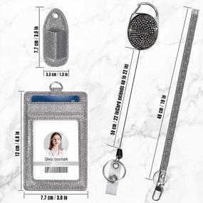 img 3 attached to Retractable ID Badge Holder, Multipurpose Bling Rhinestone Badge Reel With Belt Clip , Shiny PU Leather Badge Holder With Lanyard And Pen Holder For Nurse, Teacher, Student, Office Worker (Silver)