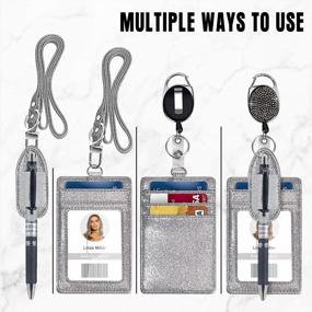 img 2 attached to Retractable ID Badge Holder, Multipurpose Bling Rhinestone Badge Reel With Belt Clip , Shiny PU Leather Badge Holder With Lanyard And Pen Holder For Nurse, Teacher, Student, Office Worker (Silver)